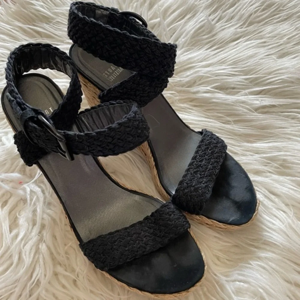 Stuart Weitzman Alex‎ black espadrille woven wedge sandals size 9.5
